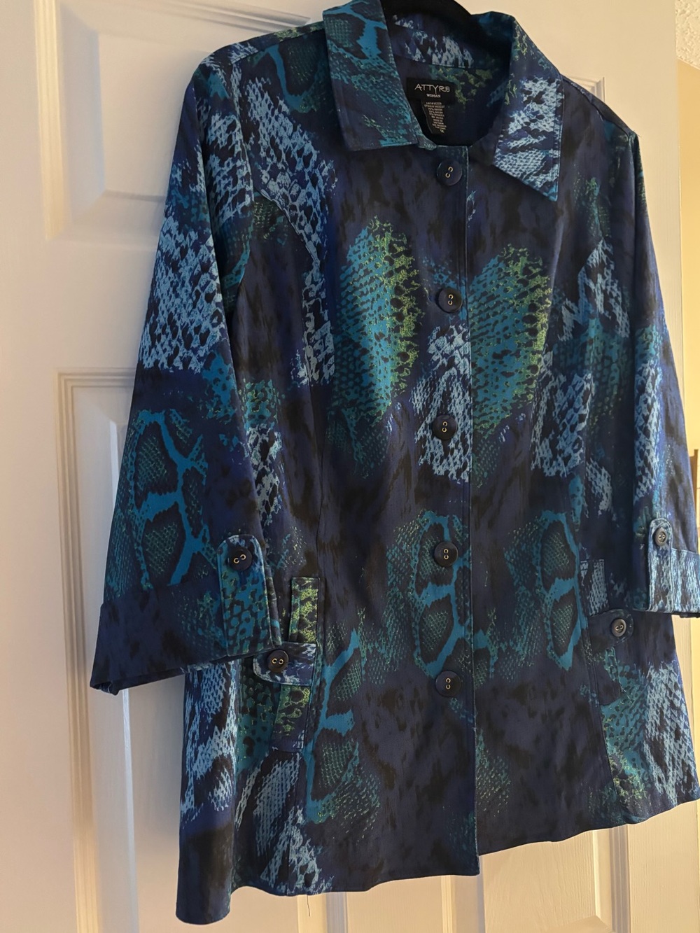 Attyre Blue & Teal Snake-Print Trench Coat